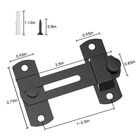 Diagram of 180 Degree Flip Sliding Barn Door Lock for Privacy with dimensions showing durable steel build and easy installation.