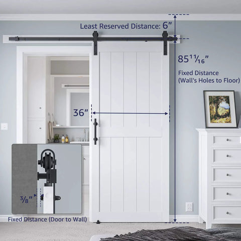 36-Inch By 84-Inch MDF Sliding Barn Door with 6.6-Foot Hardware Kit and Handle installed in a bedroom, showing measurements.