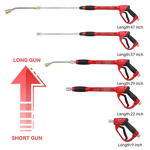 Comparison of red pressure washer guns with lengths from 47 inches to 9 inches, illustrating Upgraded Pressure Washer Gun With 47 Inch Extension Wand And 7 Inch 30 Degree Curved Rod M22 Fitting Five Nozzle Tips 5000 PSI 8 GPM Pro Grade Heavy Duty Spray Gun For Decks Siding Concrete And More