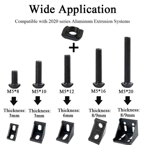 252 Piece M5 T Nuts And T-Slot Bolts Extrusion Accessories Kit showing various bolt sizes with thickness for 2020 aluminum extrusion.