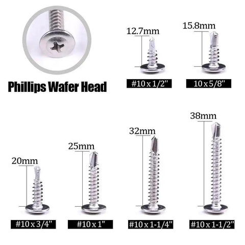 410 Stainless Steel Self Drilling Screws Kit For Metal With Wafer Head Phillips Drive Six Size Assortment For Sheet Metal