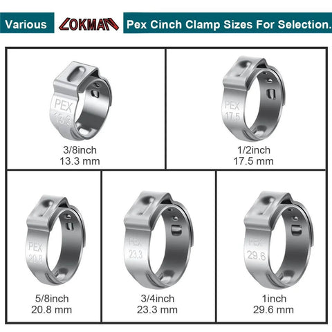 Various sizes of stainless steel PEX cinch clamps, including 1/2 inch, visible in image for PEX tubing connections.