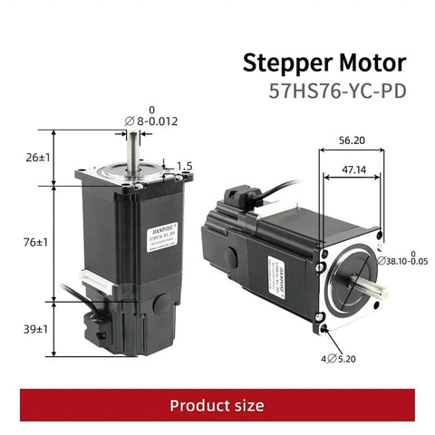 Two Hanpose 57HS76-YC-PD NEMA23 brake stepper motors, black housing.