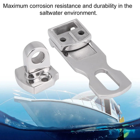 Front view of a two-piece marine-grade stainless hatch fastener clamp set, 75mm anti-rattle lock for boat cabinets.
