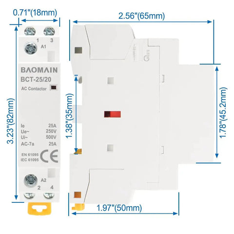 Dimensions of Beefy 110V AC 2 Pole Contactor With 2NO Normally Open Contacts, 25A Rating, Dual Circuit, Model BCT 25 20 110VAC.