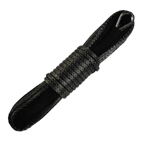 Heavy Duty Beefy Synthetic Winch Line Rope Quarter Inch By Fifty Feet 10000 Pound Capacity With Black Protective Sleeve For ATV UTV Winches Trucks And Boats Gray close-up of rope with protective sleeve