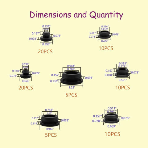 Diagram showing dimensions and quantity of 80 Pieces Silicone Hole Plugs Kit With 7 Sizes From One Quarter Inch To One Inch Round Plugs.
