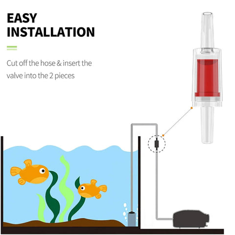 Diagram showing installation of red plastic 6 Pack Aquarium Check Valves For Air Pumps Red Plastic 1 Way Non Return Valves Protectors