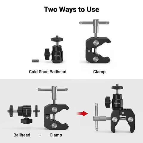 Beefy Clamp Mount With Mini Ball Head showing cold shoe adapter and clamp use for LCD monitors, LED lights, microphones, GoPro.