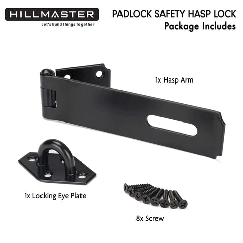 Heavy Duty Steel Hasp Latch 7 Three Quarters Inch Extra Thick Locking Hasp For Fence Gate Barn Door Shed Closet Cabinet Black Powder Coat Finish Weather Resistant Durable Hardware Padlock Compatible For Enhanced Security Weatherproof Design, includes hasp arm, eye plate, screws