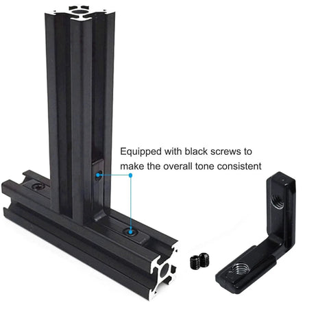 20Pcs L Shape Corner Brackets For 20 Series Aluminum Extrusion shown with black screws and zinc alloy corner brace for 2020 profiles