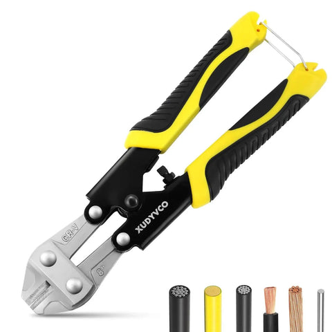 Heavy Duty 8 Inch Bolt Cutter For Wire And Cable Cutting With Non Slip Handle And Labor Saving Spring Loaded Mechanism, Beast Mode Power For Fence Mesh Rivets And Chains XUDYVCO, showing yellow and black design with cutting mechanism and example materials