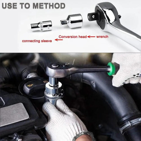 1/2 in drive to 3/8 in male Cr-V impact socket adapter for ratchets; disassembled components and installed adapter shown