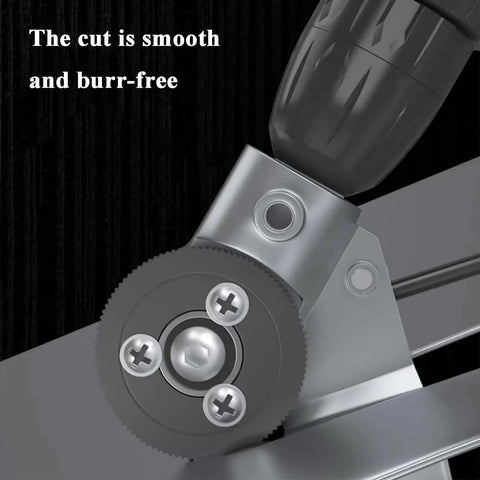 Close-up of Beast Drill Nibbler Sheet Metal Cutter Attachment For Electric Drills, showing smooth burr-free cutting edges