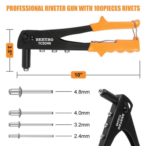 Heavy Duty Hand Rivet Gun Kit With Four Rivet Sizes 3/32 In 1/8 In 5/32 In And 3/16 In Includes 100 Rivets And Four Replaceable Heads