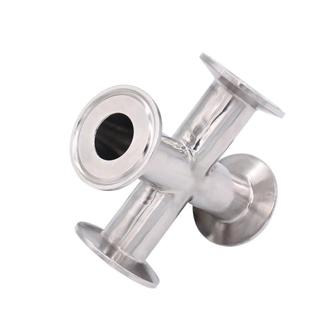 Stainless steel 4-way cross clamp for 1.5 in tri-clamp fittings; 304 stainless, 25 mm pipe OD.