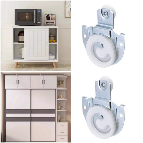 Image showcasing a Six Piece Sliding Closet Door Roller Set With Upgraded Bearing Top Rollers Adjustable Screws And Hooks Complete Hardware Replacement For Smooth Wardrobe Closet And Cabinet Door Sliding.