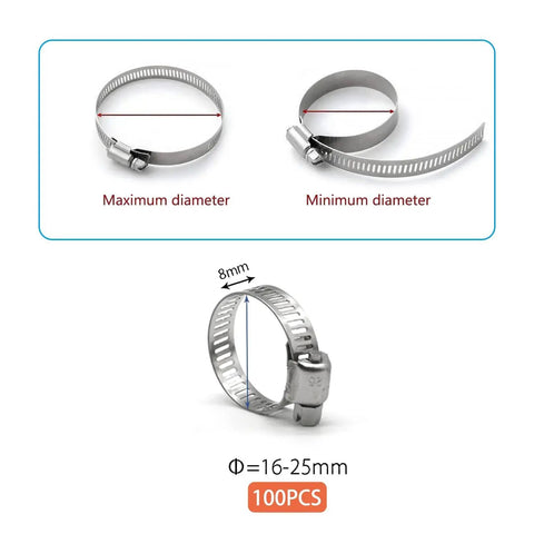 Stainless Steel Worm Gear Hose Clamps Set, 100 Pack, 16-25mm Range, 304 stainless steel clamps showing maximum and minimum diameter.