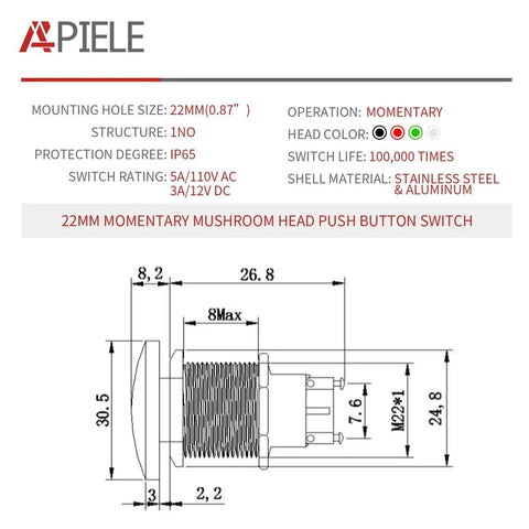Diagram of Red 22mm Mushroom Head Momentary Push Button Switch IP65 Waterproof 5A SPST 12V 24V 36V DC 110V 250V AC