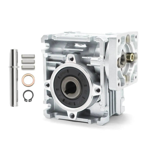 Beefed-Up NMRV 030 Worm Gear Reducer For NEMA 23 Motors 30 To 1 Reduction, showing components and metal housing for installation.