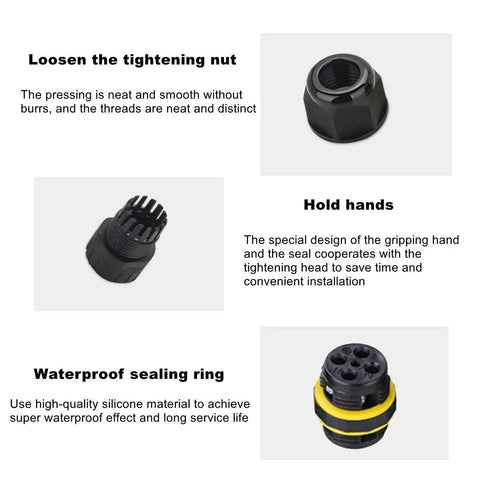 Components of the Underground IP68 Waterproof M20 Outdoor Electrical Junction Box Set 2 Pack showing tightening nut, hold hand, sealing ring.