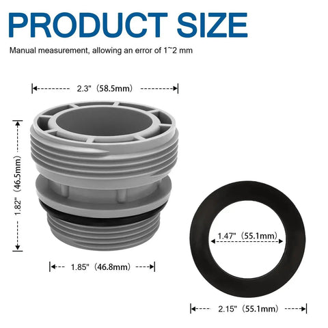 Pool Hose Adapter Kit 40mm To 1.5 Inch For Above Ground Pools product dimensions, showing adapter size and gasket measurements.