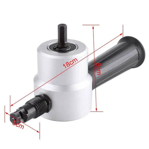 Sheet Metal Nibbler Cutter Kit With 360 Degree Adjustable Double Head for burr-free cutting on metal sheets showing dimensions.