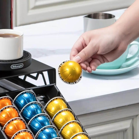 Modern Black Metal Vertuo Pod Storage Drawer For Coffee Machines Space Saving Capsule Organizer That Holds 50 Vertuo Pods Industrial Chic Kitchen Organizer To Keep Pods Neatly Accessible And Easy To Grab with hand selecting a pod