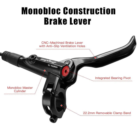 Amazon ZTZ 4-piston MTB hydraulic brake lever kit, side view, left front 850mm and right rear 1600mm, black monobloc.