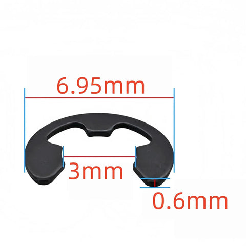 External Heavy Duty E Clip Retaining Rings For 3mm Shafts, 12mm Outer Diameter And 3mm Inner Diameter, Carbon Steel With Black Oxide Finish, 500 Pack Circlip Snap Rings For Machinery, Automotive, And DIY Projects. Side view showing 6.95mm width, black finish.