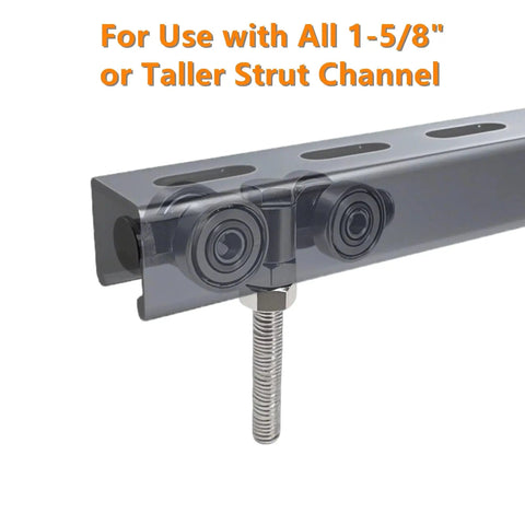 Silent 4-Wheel Unistrut Trolley Assembly For 1-5/8 Inch Wide And Taller Strut Channel With Hidden Bolt Design, silver finish, close-up view