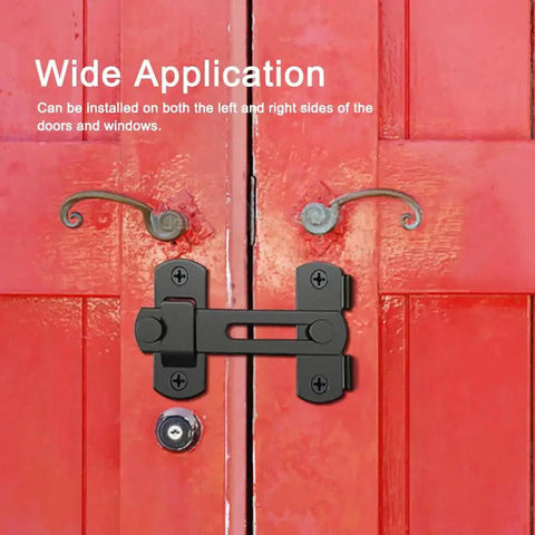 Two Pack Barn Door Lock Set With 180 Degree Flip Sliding Latches installed on a red door, suitable for barn and sliding doors.
