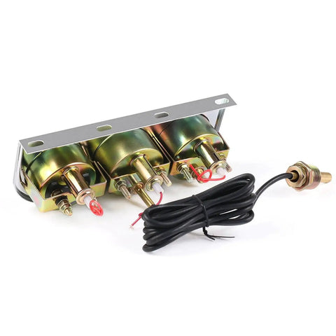 Back view of Universal Chrome 2 Inch 52mm Car Triple Gauge Kit Mechanical 3 In 1 showing gauge connectors and wires
