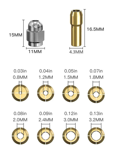 Three Jaw Keyless Drill Chuck Collet Set For Rotary Tools One Thirty Second To One Eighth Inch Shanks with brass nut dimensions