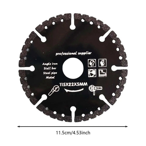 4.5 inch diamond cutting wheel for angle grinder, showing measurement and cut types, heavy-duty disc for tile, stone, metal.