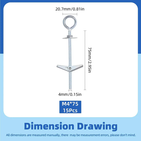 15 Piece M4 75mm O Shaped Eye Bolt Toggle Anchors Kit For Drywall Sheetrock Hollow Wall And Ceiling Installations dimensions