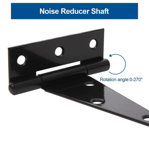 Close-up of Ten Pack 4 Inch T Strap Tee Hinge Heavy Duty Black Barn Door Hinges with noise reducer shaft and rotation angle details.