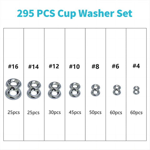 Cup washers set, 304 stainless steel, 295 pcs, sizes #4–#16 with 25–60 pcs per size