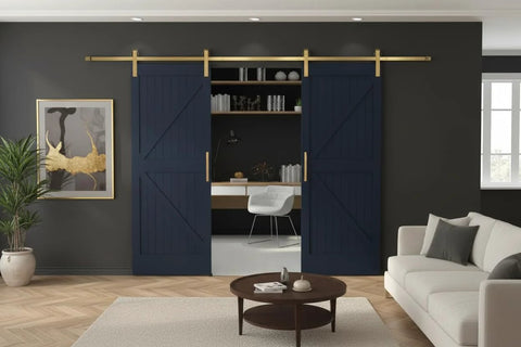 Gold Barn Door Hardware Kit For Two Doors Adjustable 12 Foot Track System With Brushed Brass Finish Modern Sliding Door Hardware Set