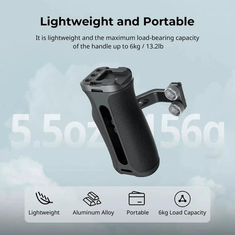 Ergonomic Mini Side Handle for Camera Cages with One Quarter Twenty Screws, lightweight aluminum, shown with load capacity icons