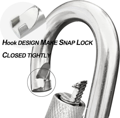 Close-up of 12 Pack Locking Carabiner Clips Tough As Nails Two Point Three Six Inch Heavy Duty Stainless Steel 304 Thumb Screw Gate
