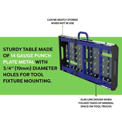 Beefy Heavy Duty Welding Table With Folding Legs For Serious Welders, 14 gauge steel, folded for storage, with 3/4 inch holes.