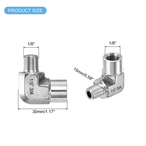 90-degree G1/8 male to G1/8 female street elbow fitting, 304 stainless steel, silver