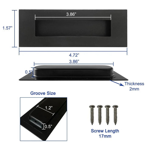 Dimensions and design of Recessed Finger Flush Pulls For Cabinets And Doors - 4.72 Inch Black Stainless Steel Brushed Rectangular Door Pull Hardware, 2 Pack