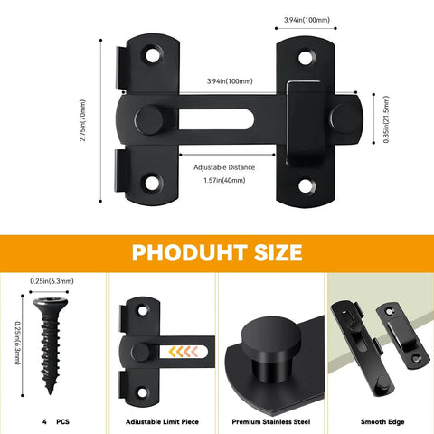 Dimensions and features of 4 Pack 180 Degree Flip Sliding Barn Door Latches Stainless Steel Gate Locks For Barn Doors Pet Doors Bathrooms Outdoor Garage Matte Black Finish Built To Last Durable Hardware
