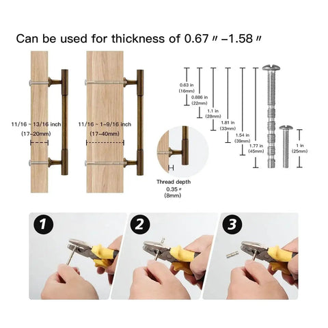 Installation guide for 6 Pack Antique Brass Kitchen Cabinet Pulls With 5 Inch Center To Center Spacing, showing measurements and tools.