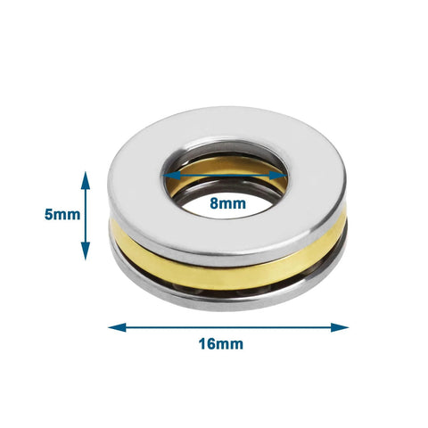 Thrust ball bearing, chrome steel, 8mm ID x 16mm OD x 5mm thick, single-direction miniature bearing
