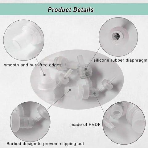 28-pc white PVDF plastic check valve set, plug-in barb, one-way valves for liquids/gases, 1/8–1/2 in.