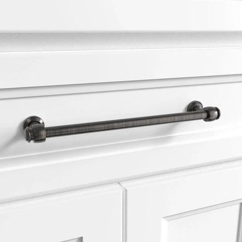 Milano Door And Drawer Pull 8 Inch Center-To-Center In Oil Rubbed Bronze installed on a white cabinet drawer
