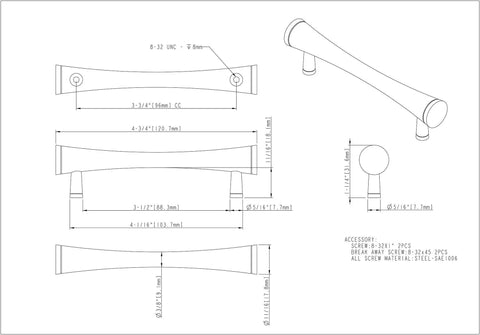 Technical drawing of Sedona Bar Pull Satin Nickel 96 Mm Center To Center Four And Three Quarters Inch Length with dimensions